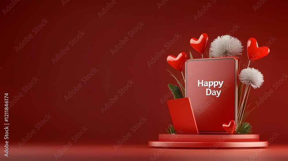 Poster festive 3d render of happy valentines day text with scattered red hearts and white fluffy elements a