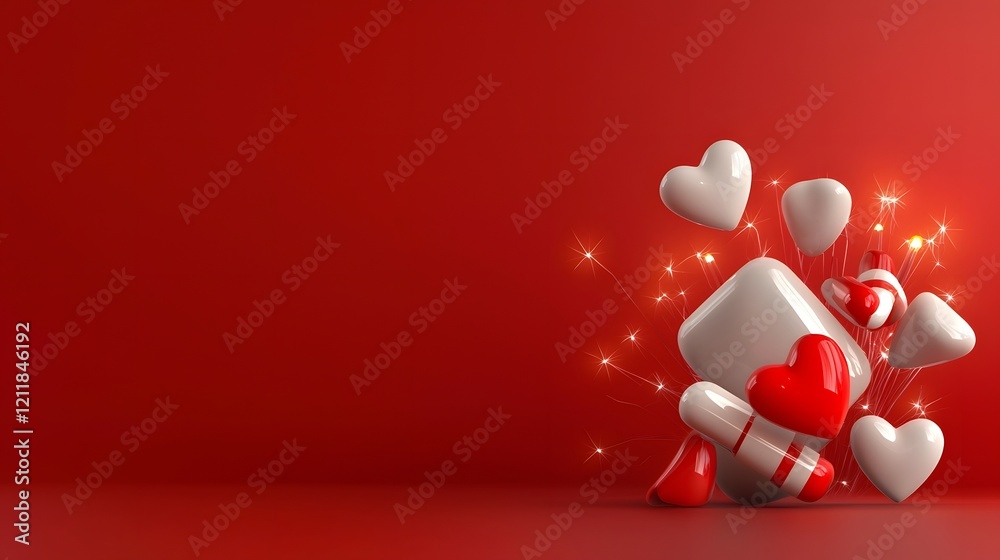 Poster festive and romantic floating 3d hearts with shimmering lights on a vibrant pink background for vale