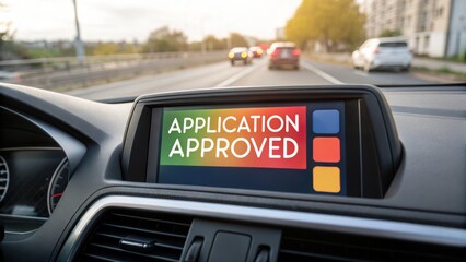 Application approval displayed in a car dashboard.