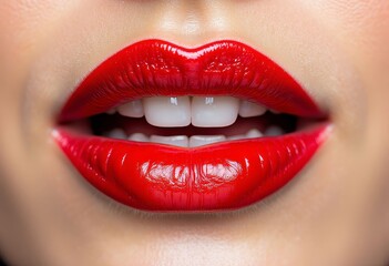 Obraz premium Close-up of lips with red lipstick and white teeth
