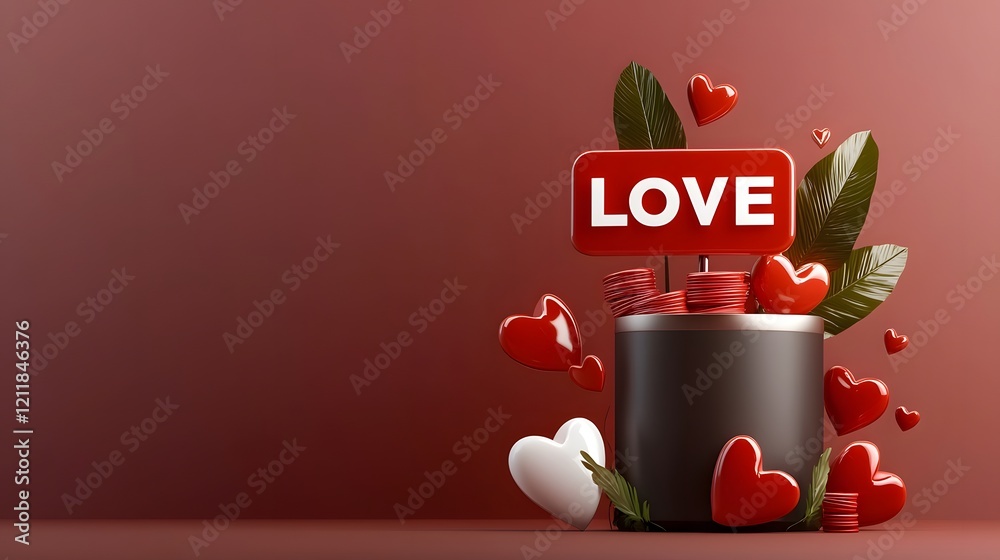 Poster striking 3d typography design of the word love in bold red letters against a smooth romantic pink gr
