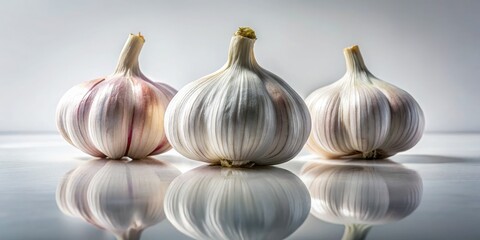 Obraz premium High-resolution close-up photos of fresh garlic cloves and bulbs, isolated on a white background. Ideal for culinary and food websites.