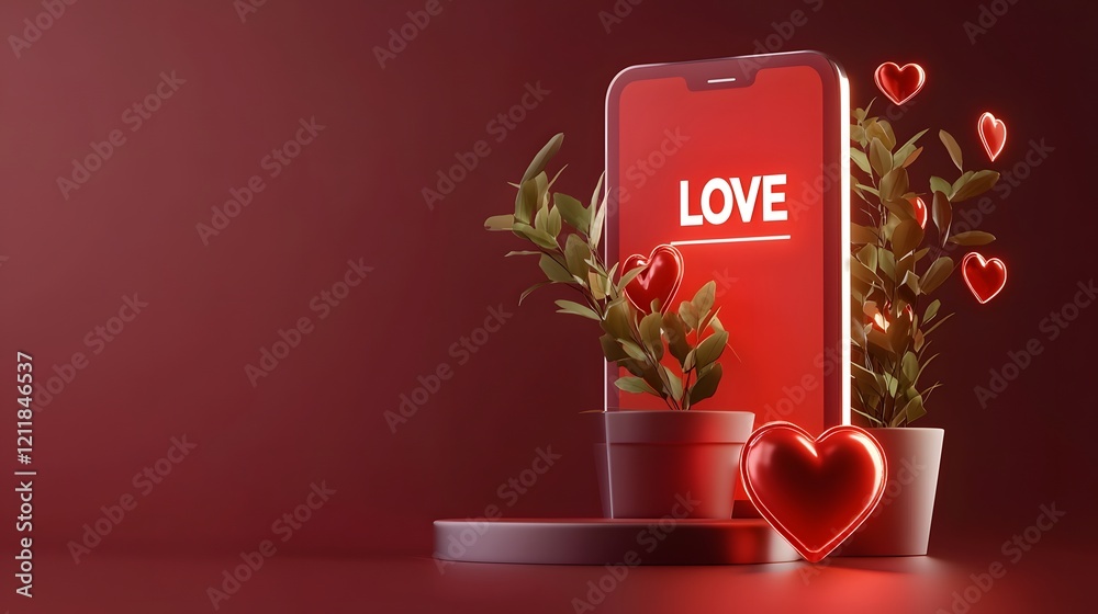 Poster romantic digital design with glossy 3d love letters floating hearts and soft pink gradient lighting 