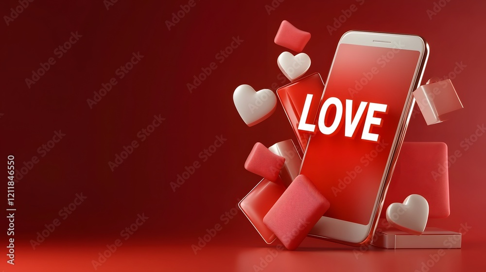 Poster Captivating digital showcasing 3D LOVE letters in a soft pink hue accompanied by a magical array of floating hearts and a vibrant pink gradient background with mesmerizing glowing effects