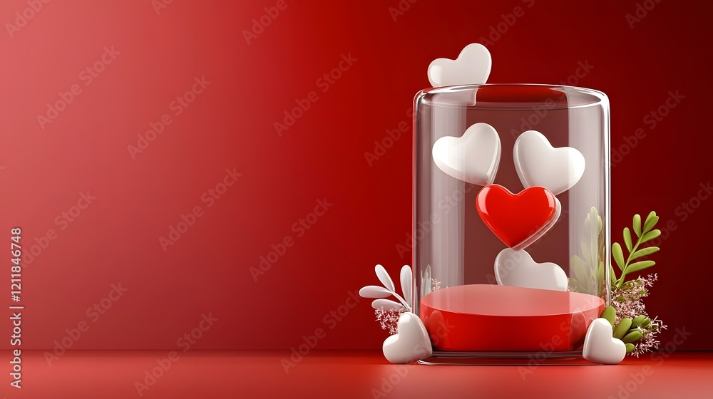 Aufkleber Romantic 3D glossy hearts with a soft shiny finish floating on a delicate pink background for an Valentines Day wallpaper or digital art piece  The hearts create a dreamy blissful