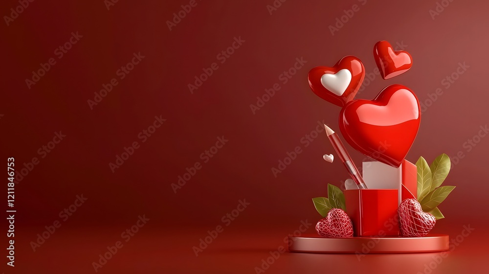 Poster romantic 3d hearts with glossy finish floating on soft pink background elegant valentine s day wallp