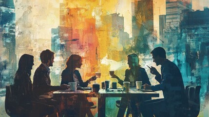 An artistic representation of office people enjoying a coffee break together, fostering camaraderie and connection