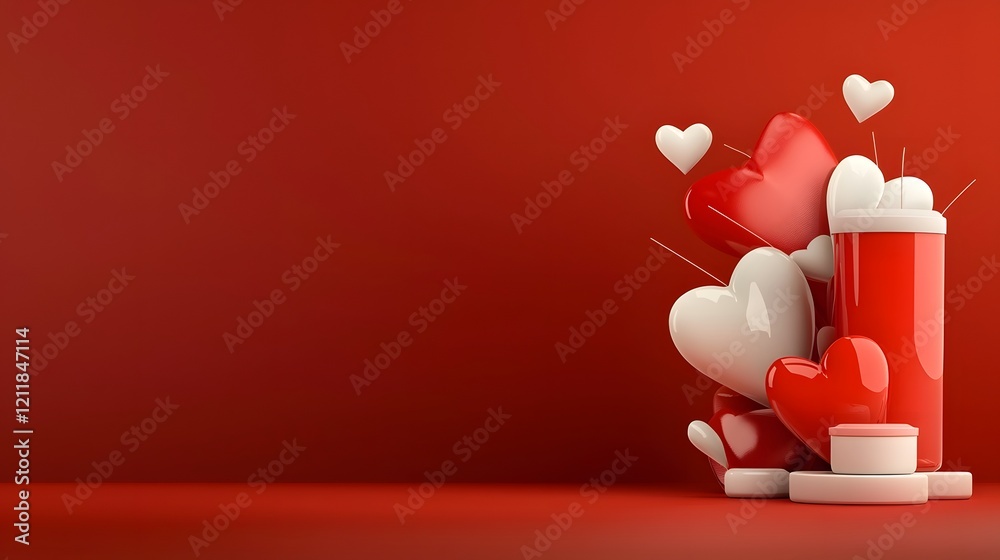 Poster beautifully arranged 3d hearts with soft shadows on a pastel pink backdrop creating a warm and lovel