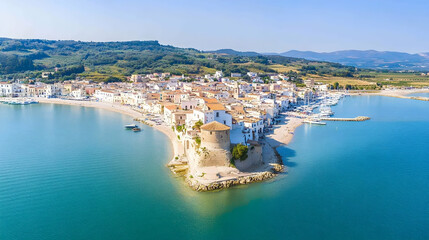 Fototapeta premium Coastal Italian town aerial view, turquoise waters, sandy beach, historic tower, sunny day, tourism
