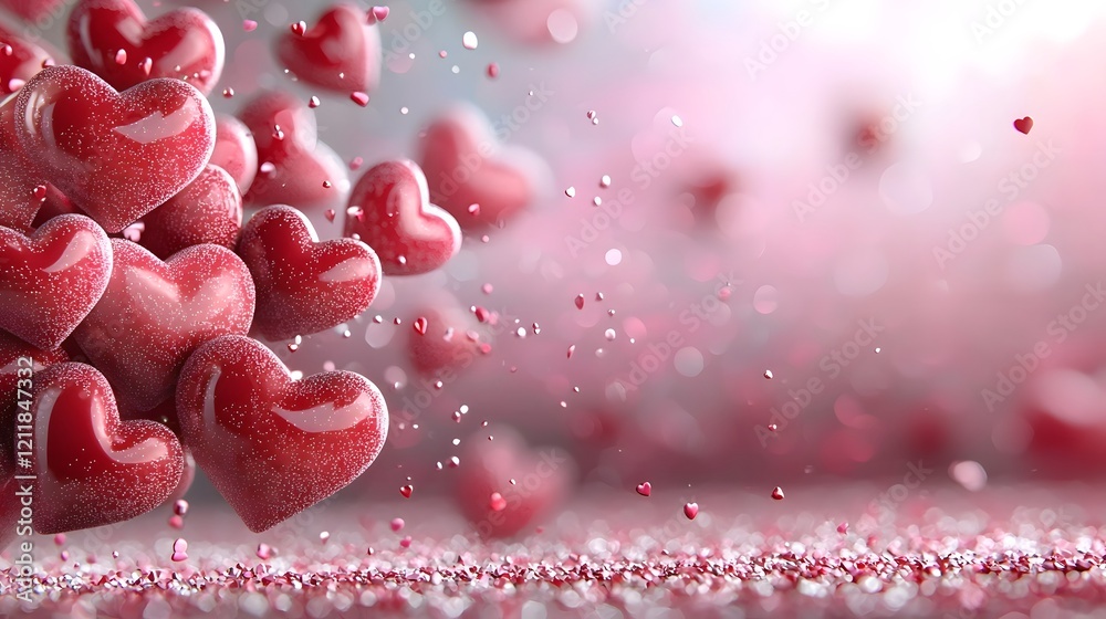 Poster playful floating 3d hearts with soft glowing effect on vibrant pink background cheerful and romantic