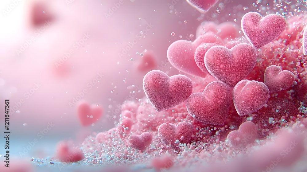 Poster playful floating 3d hearts with soft glowing effect on vibrant pink background for cheerful and roma