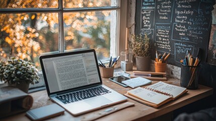 An artistic shot of a desk with a laptop, notebooks, and motivational quotes on the wall, inspiring productivity