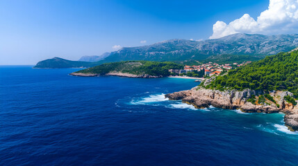 Fototapeta premium Coastal town nestled in mountains, Adriatic Sea view, summer vacation travel destination