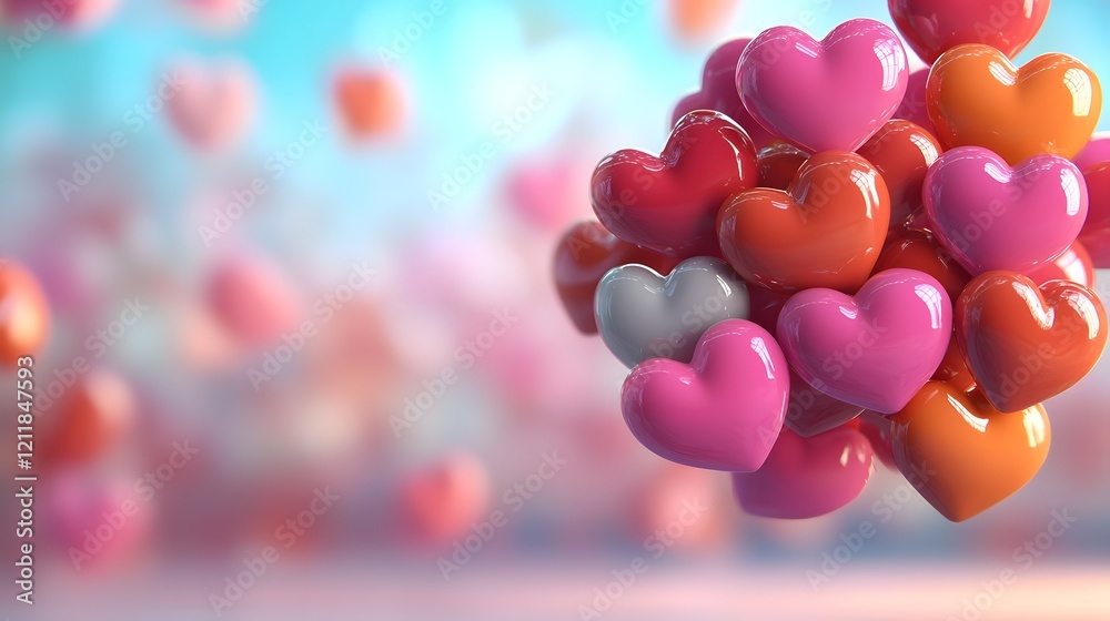 Poster vibrant and joyful valentine s day background with glossy red pink and orange hearts gracefully floa