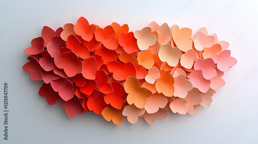 Poster Vibrant 3D Hearts in Fiery Red and Pink Gradient Background  Bold dynamic arrangement of 3D heart shapes in a saturated gradient of warm colors creating an elegant romantic and contemporary design