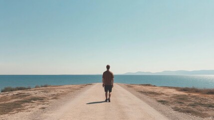 Man walks alone on a coastal road towards the sea under a clear blue sky.