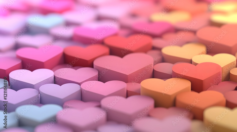 Aufkleber Bold vibrant and dynamic 3D heart shapes in fiery red and pink hues arranged on a saturated gradient background of pink orange and yellow  This image evokes a passionate romantic and elegant mood