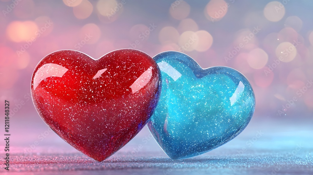 Poster sparkling red pink and blue hearts floating against a dazzling golden light effect background creati