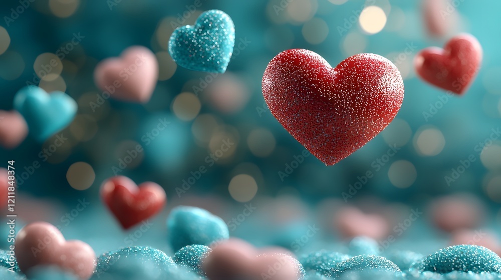 Aufkleber Enchanting background of playful floating hearts in shades of red pink and blue with a dazzling golden glow and shimmering bokeh lighting effect creating a dreamy