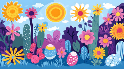 Colorful Easter eggs nestled amongst vibrant flowers and cacti under a sunny sky, perfect for spring holiday greetings