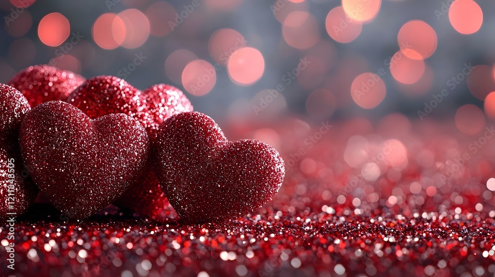 Aufkleber elegant and festive background with sparkling glossy red hearts glowing bokeh lights and a deep red 