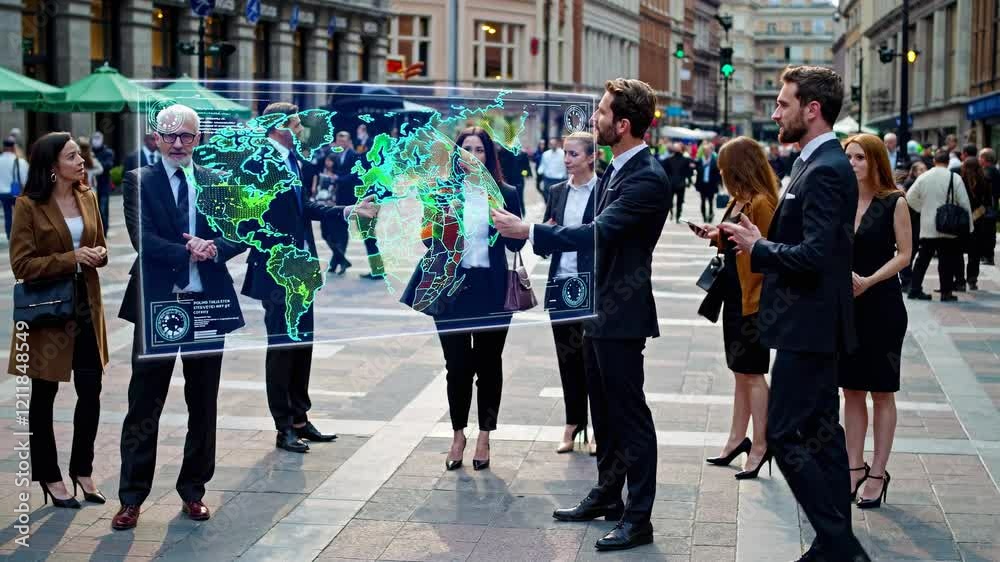 Poster Engaging business meeting with holographic map demonstration in a busy city setting