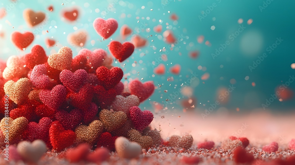 Poster vibrant and joyful valentine s day background with exploding hearts in warm hues of red pink and gol