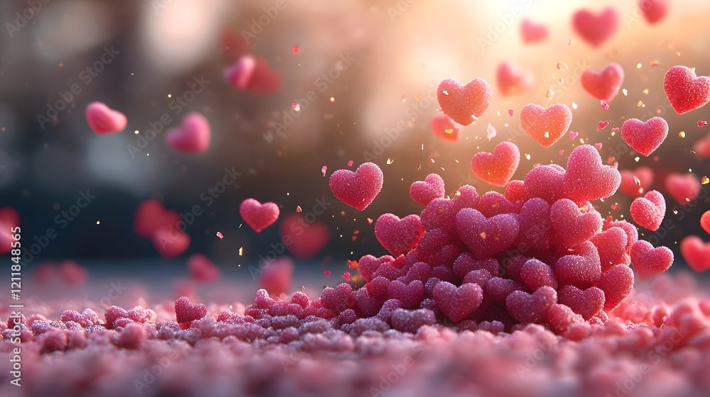 Poster bright and colorful 3d hearts bursting in an explosion of warm tones of red pink and gold on a radia