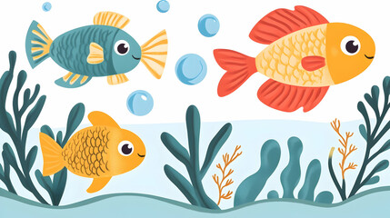 Fototapeta premium Colorful fish swimming underwater amongst seaweed; ocean life illustration for children's book