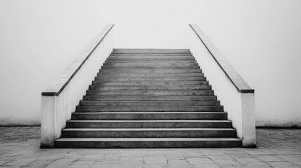 Fototapeta premium Monochrome image of a long stairway leading upwards against a plain wall.