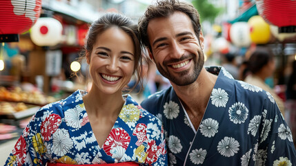 Naklejka premium Foreign Couple Enjoying a Japanese Festival