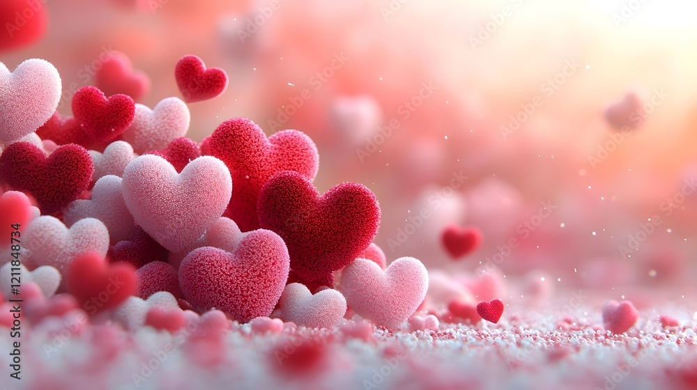 Poster stunning dynamic valentine background with a mix of glossy 3d hearts and radiant light flares on a v