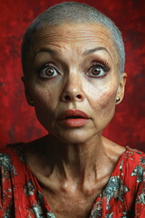 Captivating portrait of a woman with a bold expression against a vibrant red background