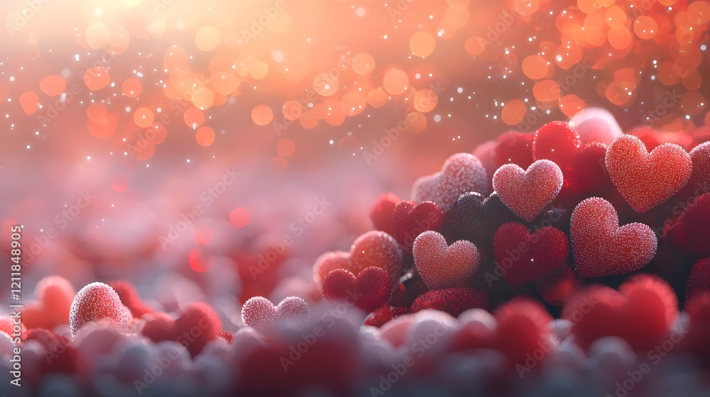 Poster captivating valentine s day background with a mix of glossy 3d hearts and dazzling light flares set 