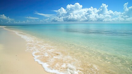 Fototapeta premium Tropical beach, turquoise water, fluffy clouds, summer vacation, idyllic scene