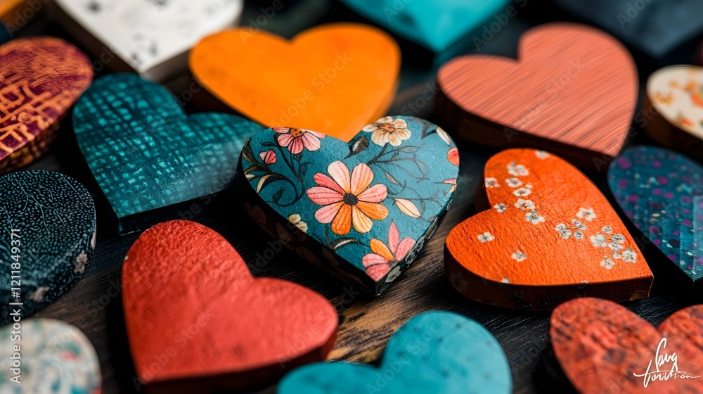 Poster vibrant floral patterned paper hearts scattered on a vivid colorful background creating a lovely che