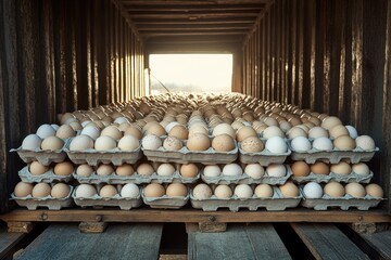 Delivery truck carrying cartons of fresh eggs ready for distribution to local stores in an agricultural area