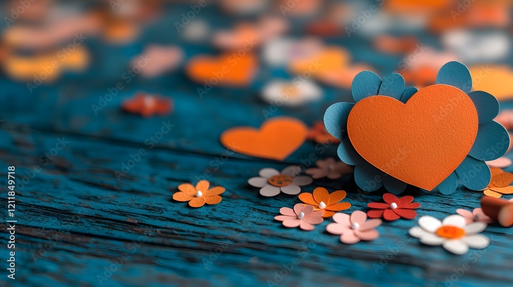Poster charming arrangement of floral patterned paper hearts scattered across a vibrant and colorful backgr