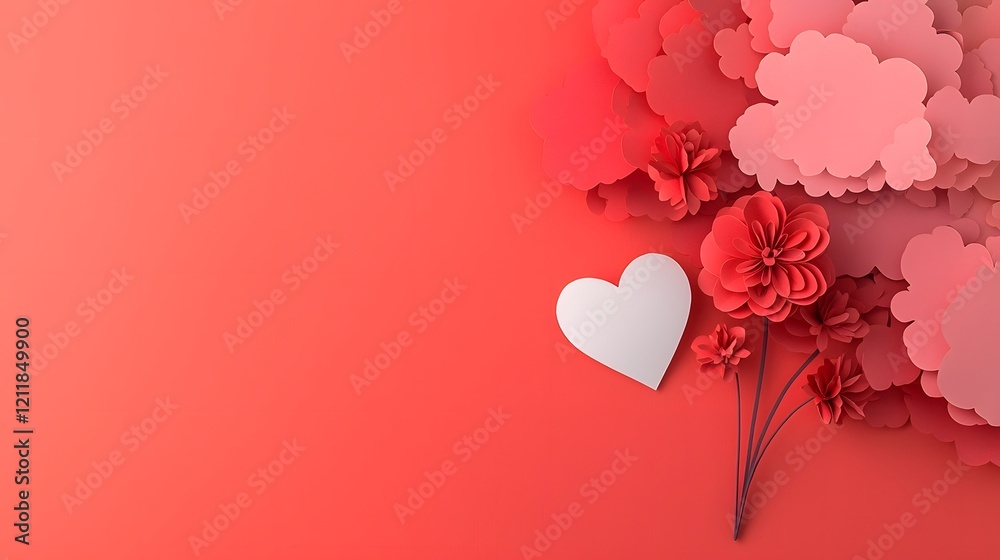 Poster exquisite handcrafted paper hearts adorned with delicate floral textures and soft shadows set agains