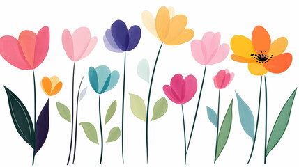 Colorful stylized spring flowers, garden illustration, white background, perfect for greeting cards