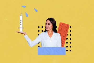 Exclusive art banner collage of happy girl doctor show covid prevention vaccine syringe injection...