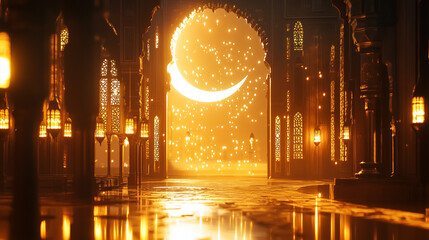 A digital render of a glowing crescent moon at the end of a long, ornate hallway. The warm gold tones suggest a holiday, possibly Ramadan.