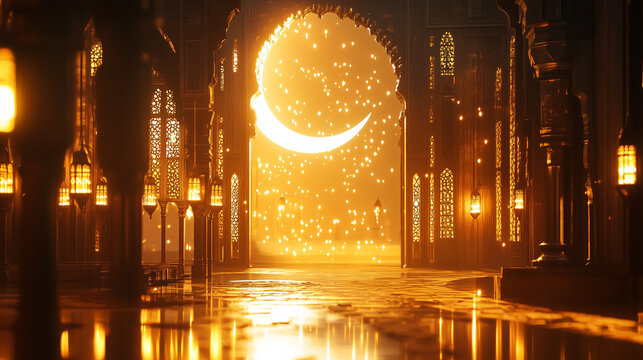A digital render of a glowing crescent moon at the end of a long, ornate hallway. The warm gold tones suggest a holiday, possibly Ramadan.