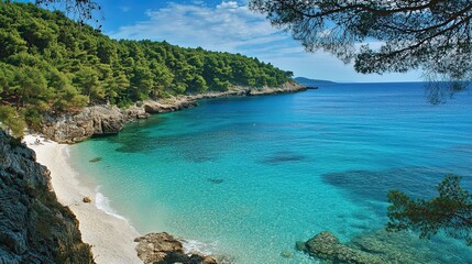 Secluded cove beach, turquoise water, pine trees, sunny day, travel brochure