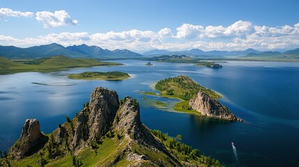 Fototapeta premium Lake Baikal scenic islands, mountains, and boat