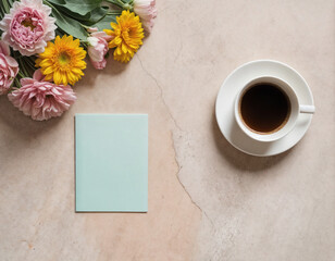 Flat lay with morning cup of coffee, empty card and bouquet of flowers on pastel concrete background. Top view, copy space