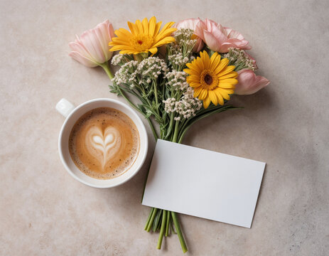 Flat lay with morning cup of coffee, empty card and bouquet of flowers on pastel concrete background. Top view, copy space