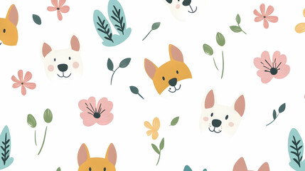 Cute dog faces and flowers seamless pattern; children's fabric, wallpaper, textile design