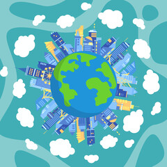 Tourism day poster with planet, buildings, clouds