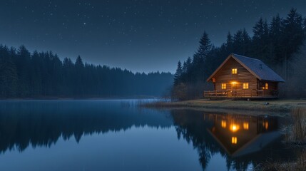 Fototapeta premium Secluded cabin by tranquil lake at night, reflecting lights and stars.